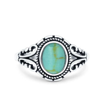 Petite Dainty Vintage Style Oval Ring Solid Simulated Turquoise 925 Sterling Silver